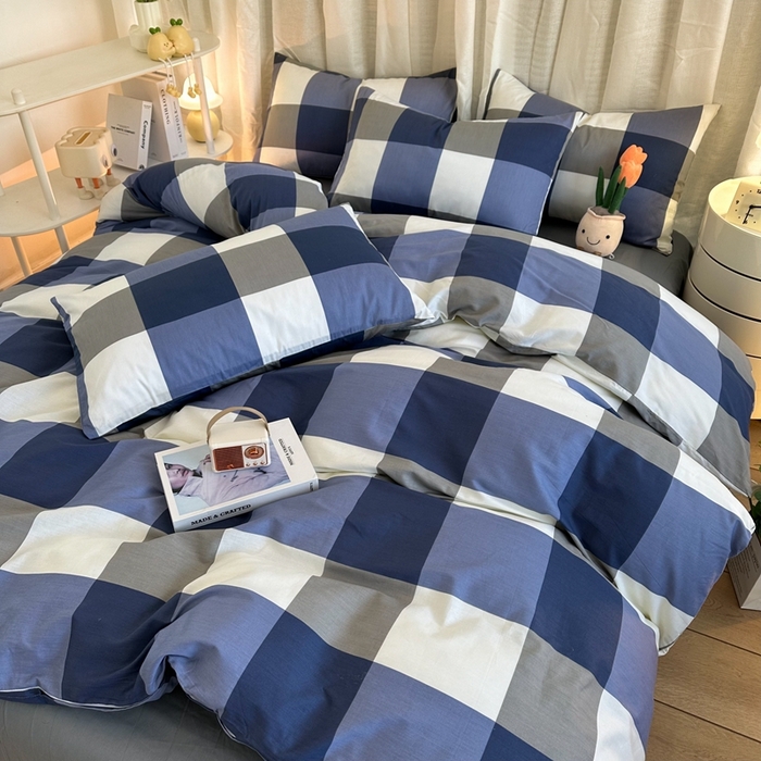 91家纺网 家纺一手货源 找家纺 简宜家居（朝初家纺） 2025新款13070全棉纯棉斜纹简约北欧风四件套 蓝大格