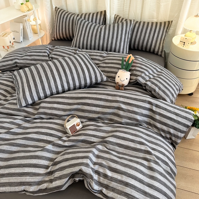 91家纺网 家纺一手货源 找家纺 简宜家居（朝初家纺） 2025新款13070全棉纯棉斜纹简约北欧风四件套 唯尚咖条