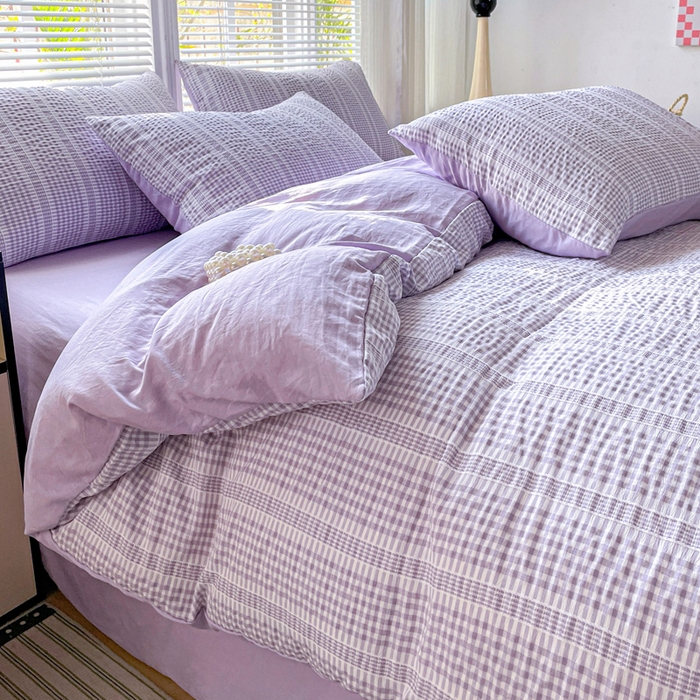 91家纺网 家纺一手货源 找家纺 卡普家居 2025新款A类阳离子公主格四件套 阳离子公主格-罗兰紫