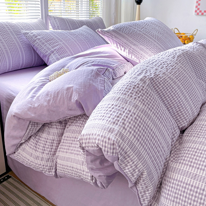 91家纺网 家纺一手货源 找家纺 卡普家居 2025新款A类阳离子公主格四件套 阳离子公主格-罗兰紫