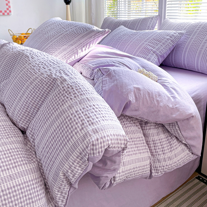 91家纺网 家纺一手货源 找家纺 卡普家居 2025新款A类阳离子公主格四件套 阳离子公主格-罗兰紫