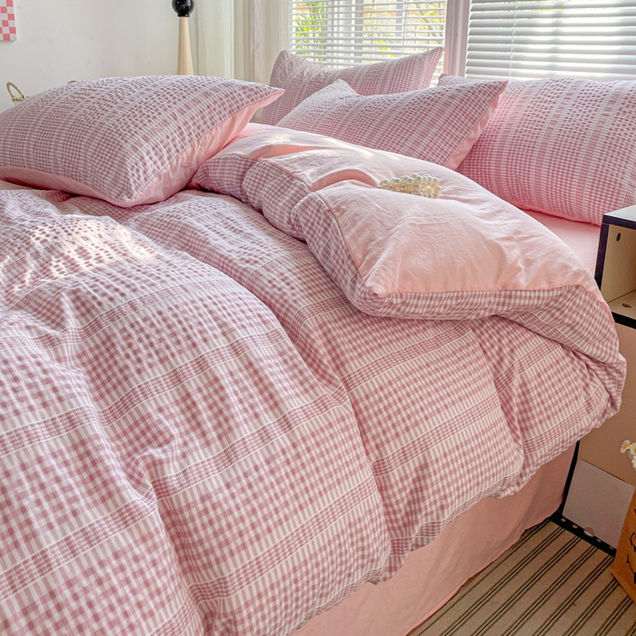 91家纺网 家纺一手货源 找家纺 卡普家居 2025新款A类阳离子公主格四件套 阳离子公主格-蜜桃粉