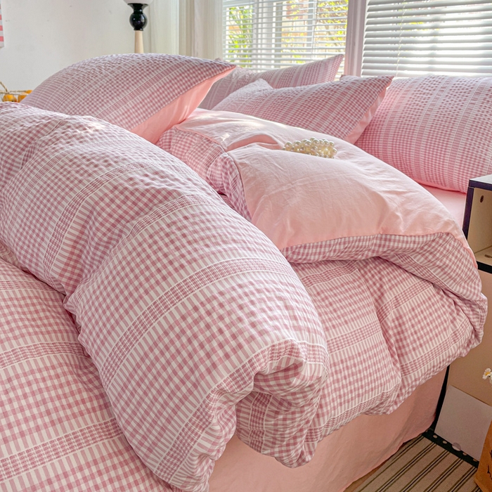 91家纺网 家纺一手货源 找家纺 卡普家居 2025新款A类阳离子公主格四件套 阳离子公主格-蜜桃粉