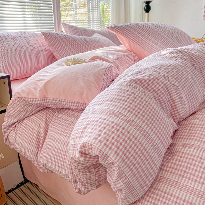 91家纺网 家纺一手货源 找家纺 卡普家居 2025新款A类阳离子公主格四件套 阳离子公主格-蜜桃粉