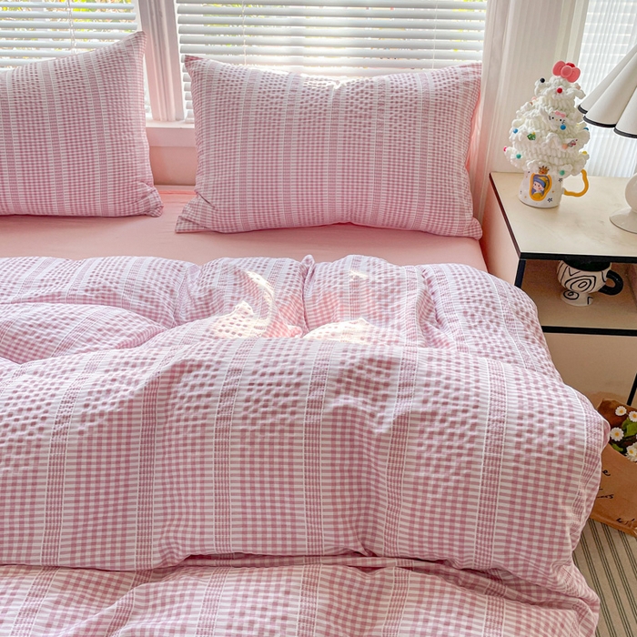 91家纺网 家纺一手货源 找家纺 卡普家居 2025新款A类阳离子公主格四件套 阳离子公主格-蜜桃粉