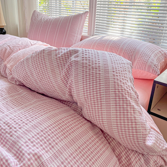 91家纺网 家纺一手货源 找家纺 卡普家居 2025新款A类阳离子公主格四件套 阳离子公主格-蜜桃粉