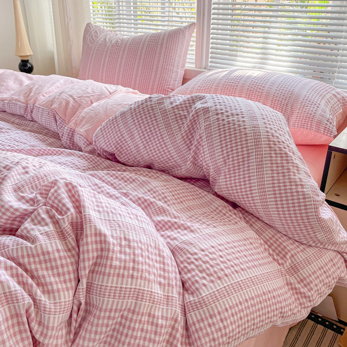 91家纺网 家纺一手货源 找家纺 卡普家居 2025新款A类阳离子公主格四件套 阳离子公主格-蜜桃粉