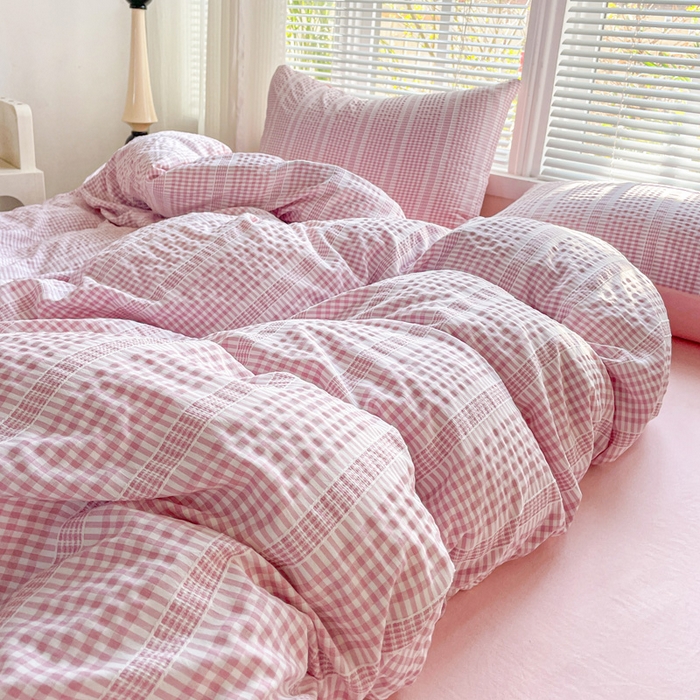 91家纺网 家纺一手货源 找家纺 卡普家居 2025新款A类阳离子公主格四件套 阳离子公主格-蜜桃粉