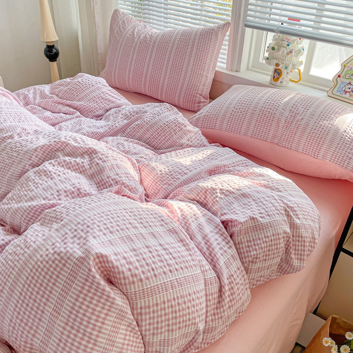 91家纺网 家纺一手货源 找家纺 卡普家居 2025新款A类阳离子公主格四件套 阳离子公主格-蜜桃粉