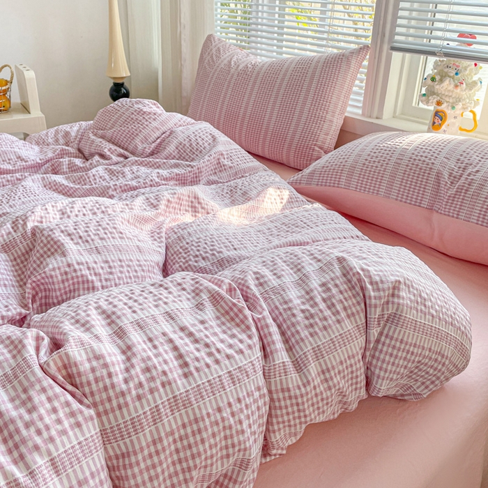 91家纺网 家纺一手货源 找家纺 卡普家居 2025新款A类阳离子公主格四件套 阳离子公主格-蜜桃粉