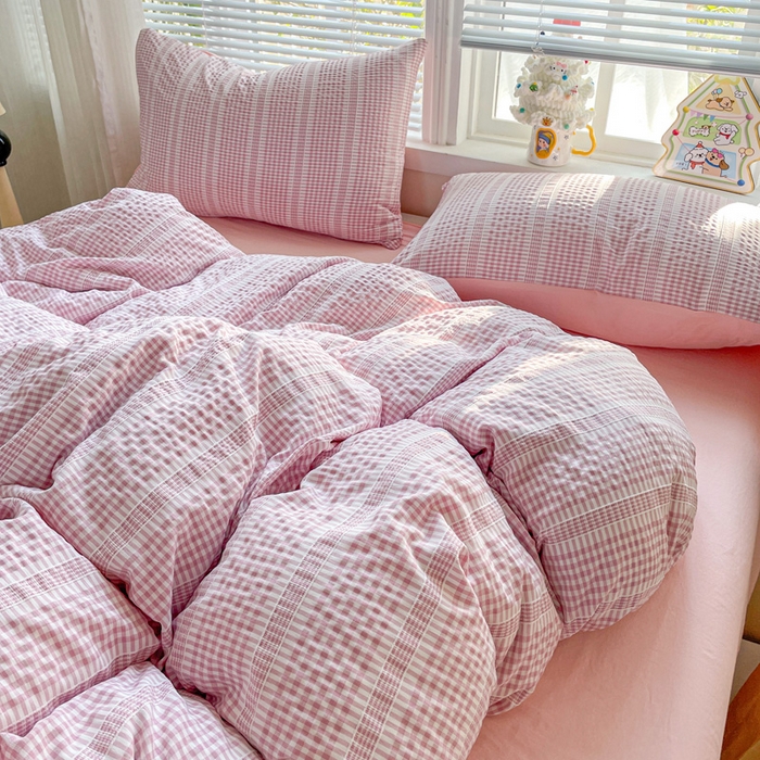 91家纺网 家纺一手货源 找家纺 卡普家居 2025新款A类阳离子公主格四件套 阳离子公主格-蜜桃粉