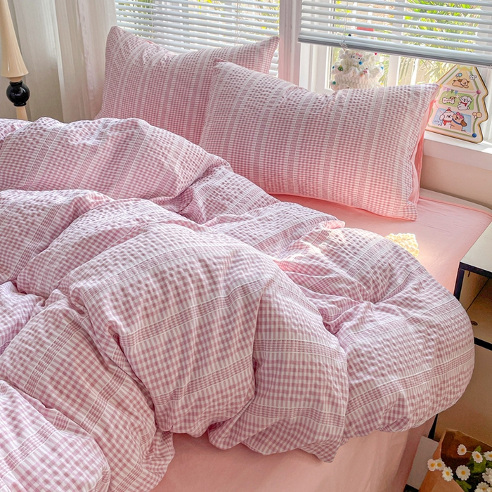 91家纺网 家纺一手货源 找家纺 卡普家居 2025新款A类阳离子公主格四件套 阳离子公主格-蜜桃粉