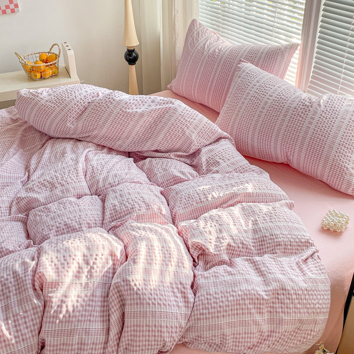 91家纺网 家纺一手货源 找家纺 卡普家居 2025新款A类阳离子公主格四件套 阳离子公主格-蜜桃粉