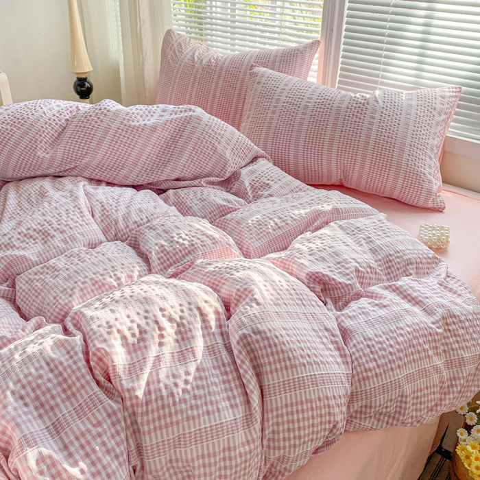 91家纺网 家纺一手货源 找家纺 卡普家居 2025新款A类阳离子公主格四件套 阳离子公主格-蜜桃粉