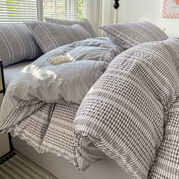 91家纺网 家纺一手货源 找家纺 卡普家居 2025新款A类阳离子公主格四件套 阳离子公主格-月光灰