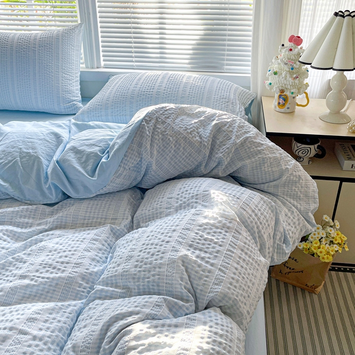 91家纺网 家纺一手货源 找家纺 卡普家居 2025新款A类阳离子公主格四件套 阳离子公主格-云朵蓝