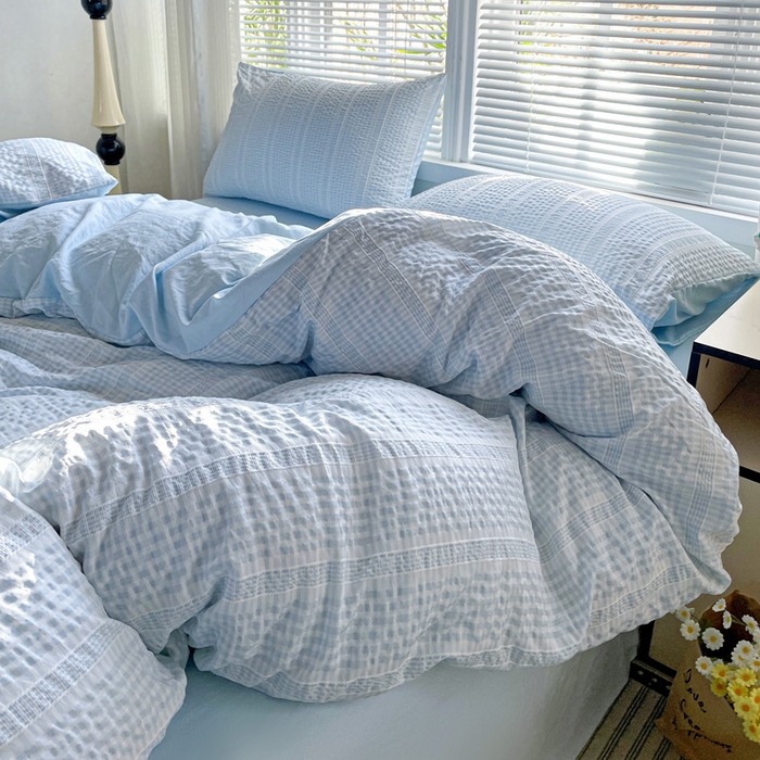 91家纺网 家纺一手货源 找家纺 卡普家居 2025新款A类阳离子公主格四件套 阳离子公主格-云朵蓝