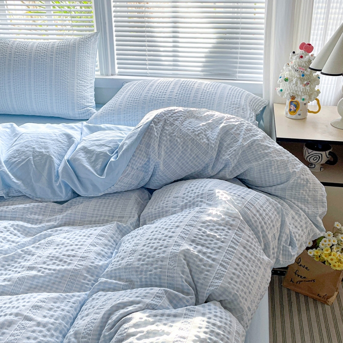 91家纺网 家纺一手货源 找家纺 卡普家居 2025新款A类阳离子公主格四件套 阳离子公主格-云朵蓝