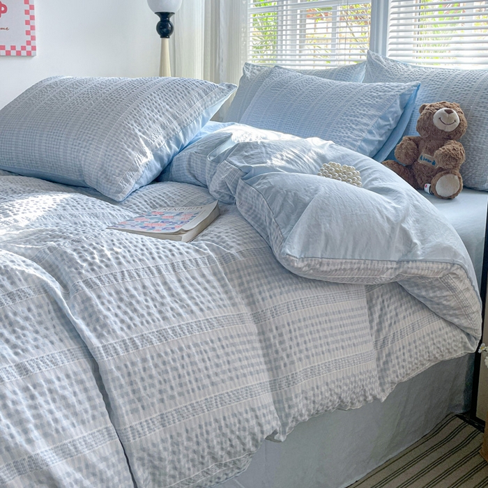 91家纺网 家纺一手货源 找家纺 卡普家居 2025新款A类阳离子公主格四件套 阳离子公主格-云朵蓝