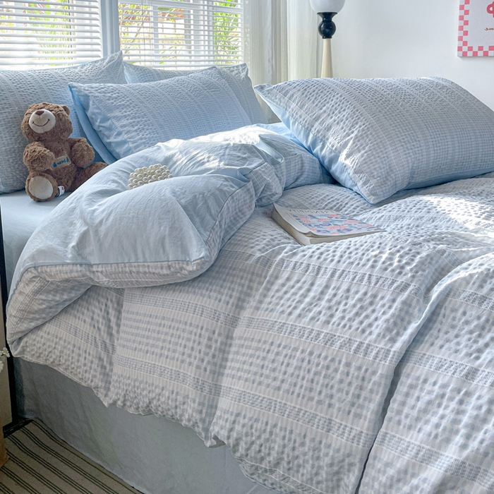 91家纺网 家纺一手货源 找家纺 卡普家居 2025新款A类阳离子公主格四件套 阳离子公主格-云朵蓝