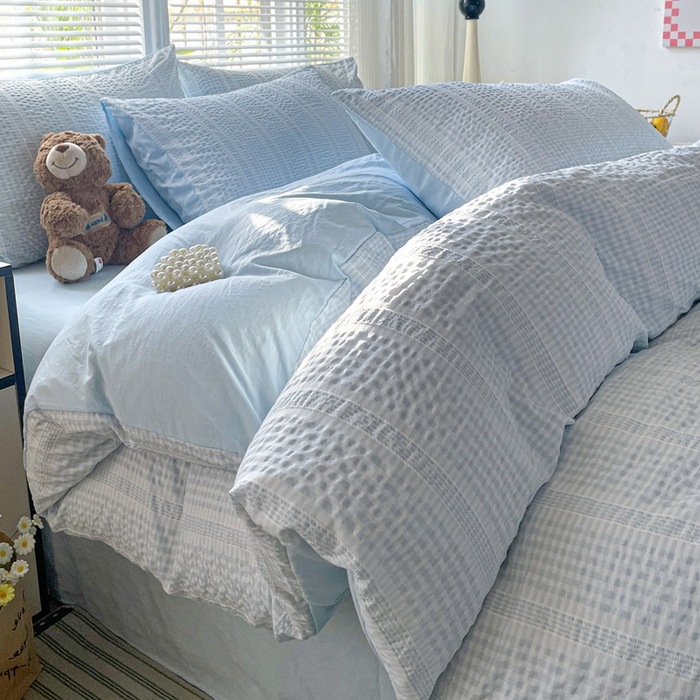 91家纺网 家纺一手货源 找家纺 卡普家居 2025新款A类阳离子公主格四件套 阳离子公主格-云朵蓝