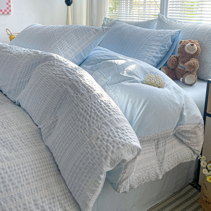 91家纺网 家纺一手货源 找家纺 卡普家居 2025新款A类阳离子公主格四件套 阳离子公主格-云朵蓝