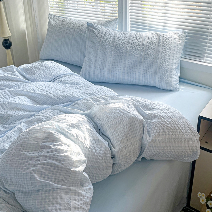 91家纺网 家纺一手货源 找家纺 卡普家居 2025新款A类阳离子公主格四件套 阳离子公主格-云朵蓝