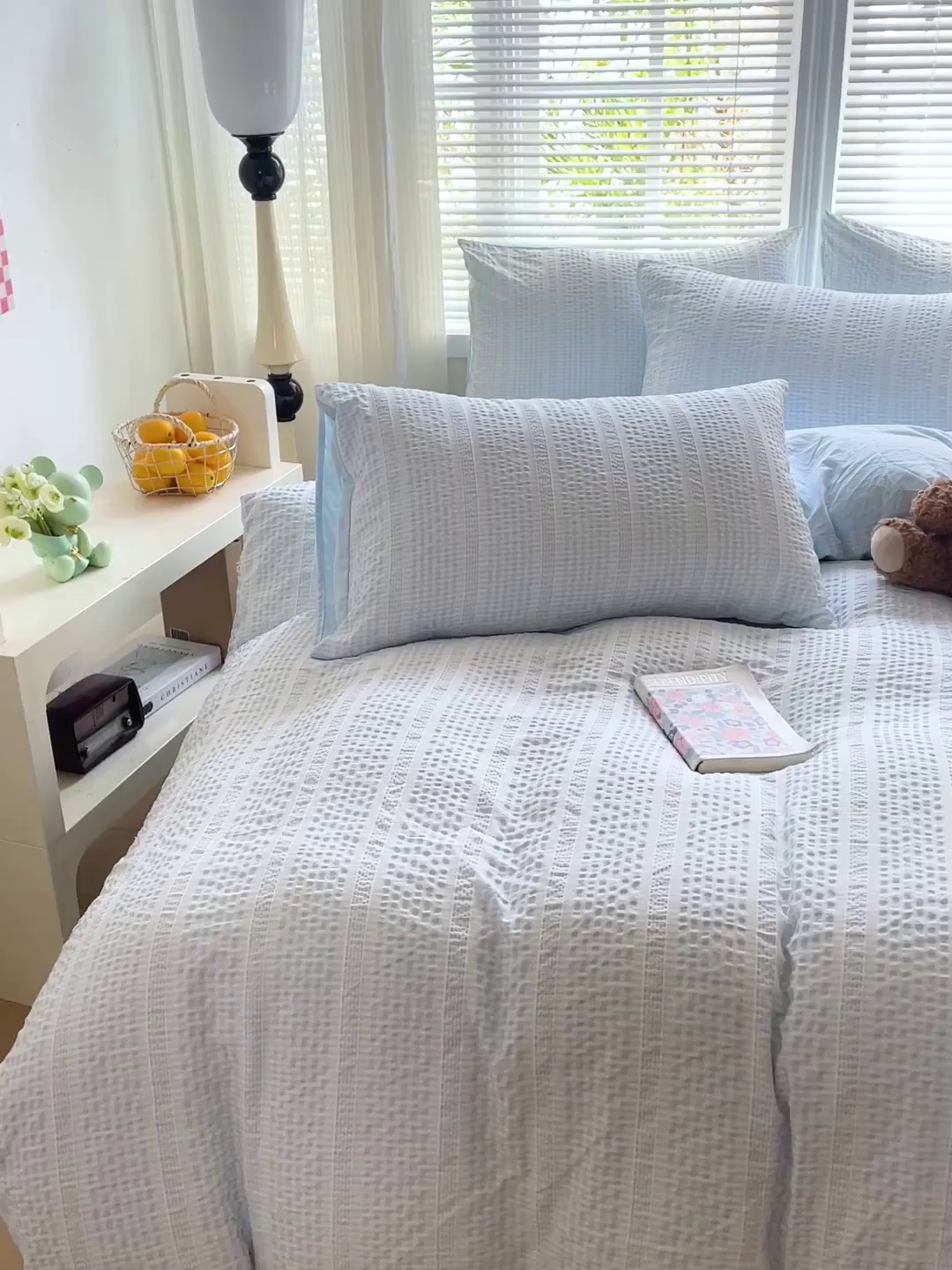 91家纺网 家纺一手货源 找家纺 卡普家居 2025新款A类阳离子公主格四件套 阳离子公主格-云朵蓝