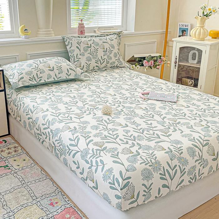 91家纺网 家纺一手货源 找家纺 卡普家居 2025新款全棉印花A版床笠 蓝风铃