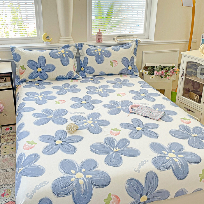 91家纺网 家纺一手货源 找家纺 卡普家居 2025新款全棉印花A版床笠 蓝色甜心