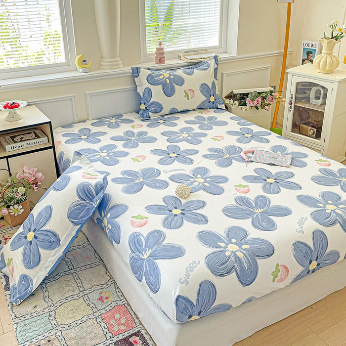 91家纺网 家纺一手货源 找家纺 卡普家居 2025新款全棉印花A版床笠 蓝色甜心