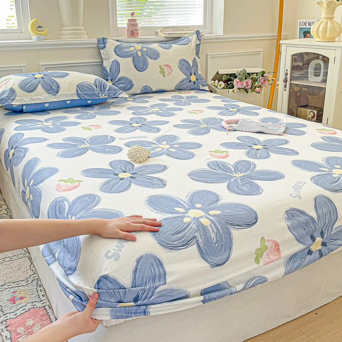 91家纺网 家纺一手货源 找家纺 卡普家居 2025新款全棉印花A版床笠 蓝色甜心