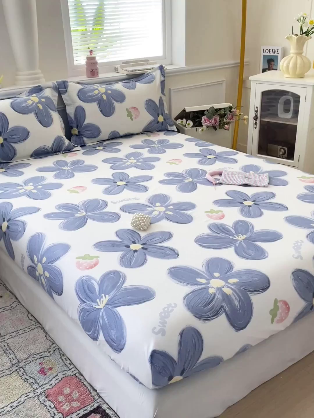 91家纺网 家纺一手货源 找家纺 卡普家居 2025新款全棉印花A版床笠 蓝色甜心