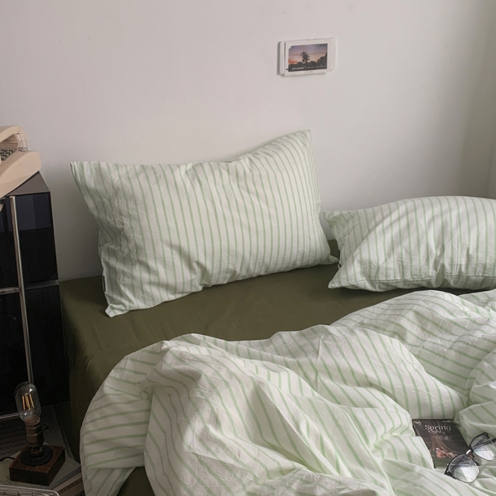 91家纺网 家纺一手货源 找家纺 （总）柚可家居 2025新款全棉色织水洗棉四件套-绿鸭湖