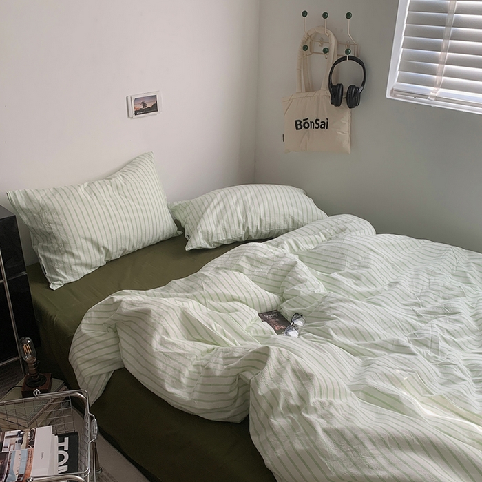 91家纺网 家纺一手货源 找家纺 （总）柚可家居 2025新款全棉色织水洗棉四件套-绿鸭湖