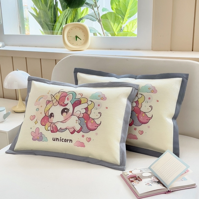 91家纺网 家纺一手货源 找家纺 梵赫 2025新款大版儿童冰丝枕套幼儿园枕套 七彩小马