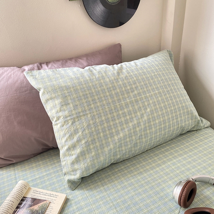 艾咪-Amy ntmy 2025新款博主风条格款全棉纯棉色织水洗棉枕套 千寻绿