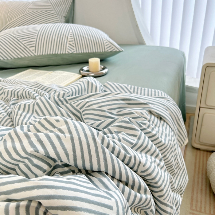 91家纺网 家纺一手货源 找家纺 柠馨 2025新款全棉纯棉印花夏被夏凉被空调被四件套 编织生活-绿