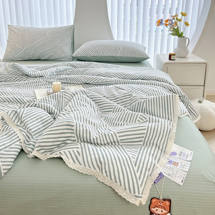 91家纺网 家纺一手货源 找家纺 柠馨 2025新款全棉纯棉印花夏被夏凉被空调被四件套 编织生活-绿