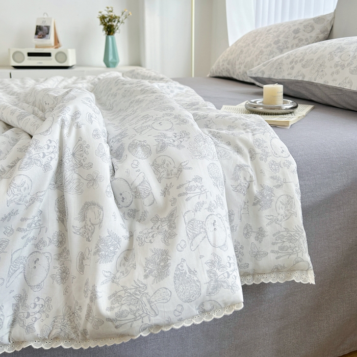 91家纺网 家纺一手货源 找家纺 柠馨 2025新款全棉纯棉印花夏被夏凉被空调被四件套 可爱森林