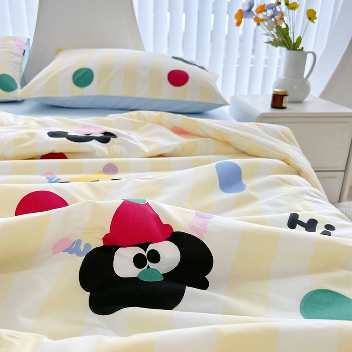 91家纺网 家纺一手货源 找家纺 柠馨 2025新款全棉纯棉印花夏被夏凉被空调被四件套 小丑煤球