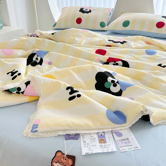 91家纺网 家纺一手货源 找家纺 柠馨 2025新款全棉纯棉印花夏被夏凉被空调被四件套 小丑煤球