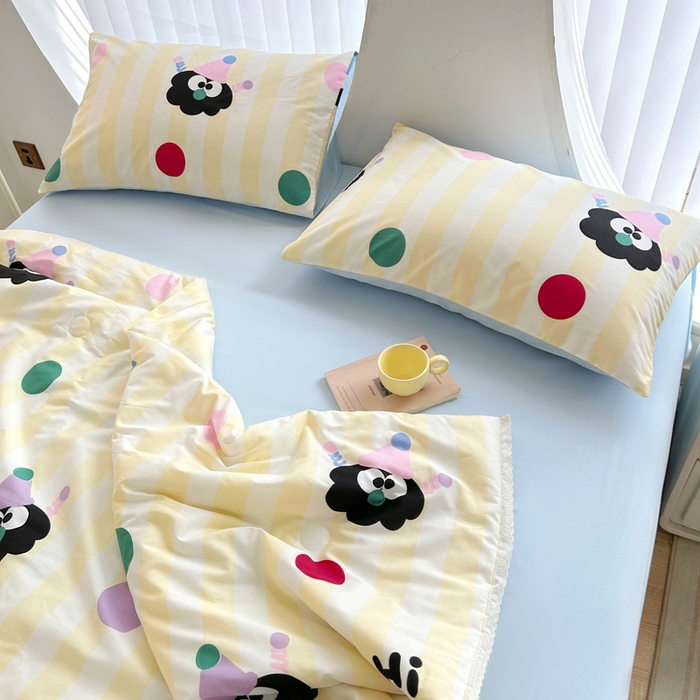 91家纺网 家纺一手货源 找家纺 柠馨 2025新款全棉纯棉印花夏被夏凉被空调被四件套 小丑煤球