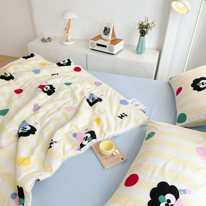 91家纺网 家纺一手货源 找家纺 柠馨 2025新款全棉纯棉印花夏被夏凉被空调被四件套 小丑煤球