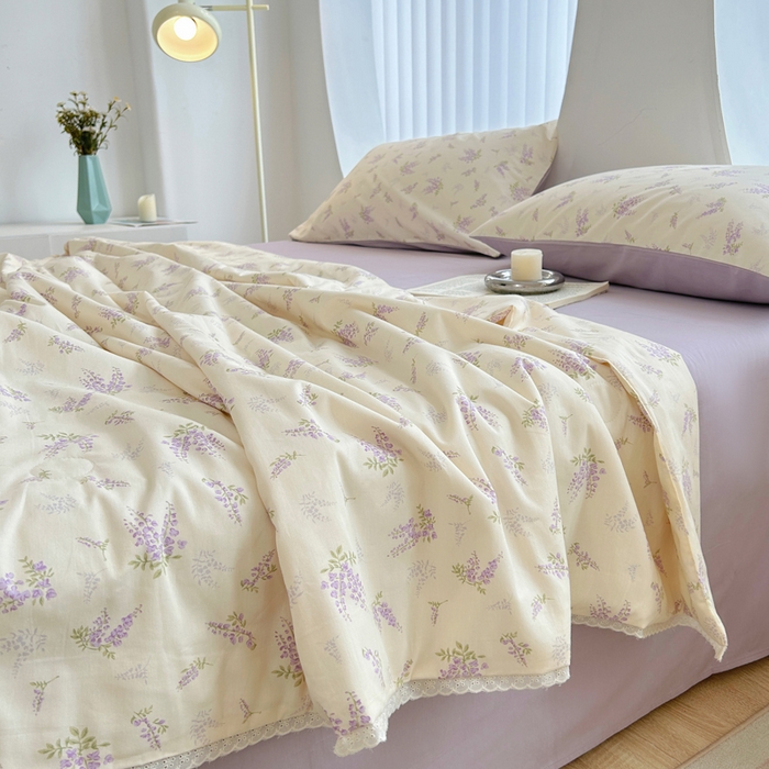 91家纺网 家纺一手货源 找家纺 柠馨 2025新款全棉纯棉印花夏被夏凉被空调被四件套 浅薇