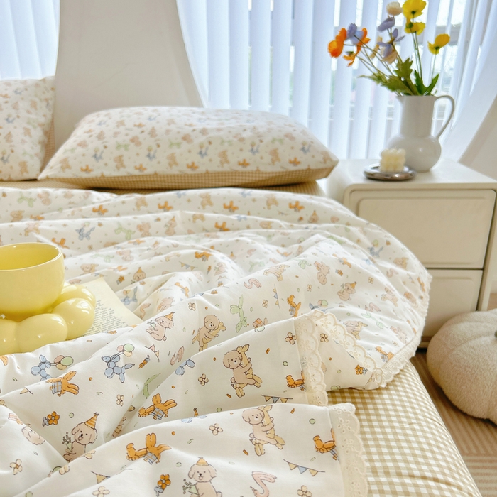 91家纺网 家纺一手货源 找家纺 柠馨 2025新款全棉纯棉印花夏被夏凉被空调被四件套 狗狗派对