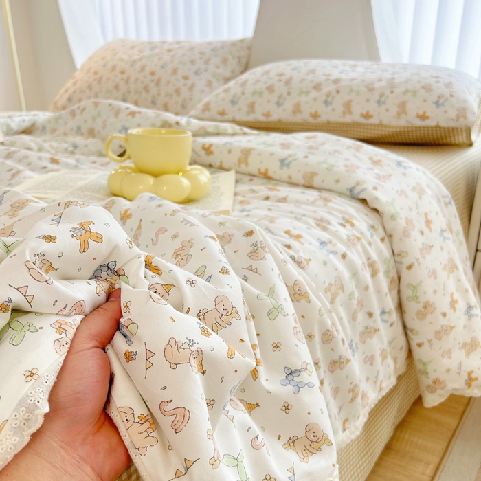 91家纺网 家纺一手货源 找家纺 柠馨 2025新款全棉纯棉印花夏被夏凉被空调被四件套 狗狗派对