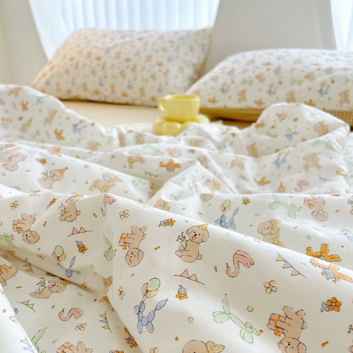 91家纺网 家纺一手货源 找家纺 柠馨 2025新款全棉纯棉印花夏被夏凉被空调被四件套 狗狗派对