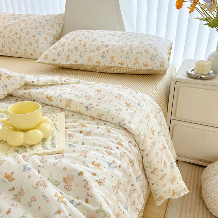 91家纺网 家纺一手货源 找家纺 柠馨 2025新款全棉纯棉印花夏被夏凉被空调被四件套 狗狗派对