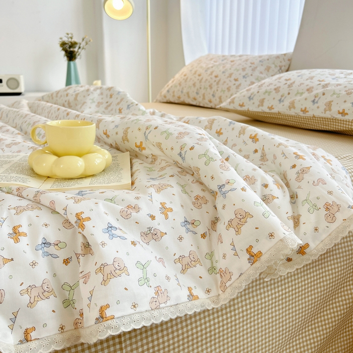 91家纺网 家纺一手货源 找家纺 柠馨 2025新款全棉纯棉印花夏被夏凉被空调被四件套 狗狗派对